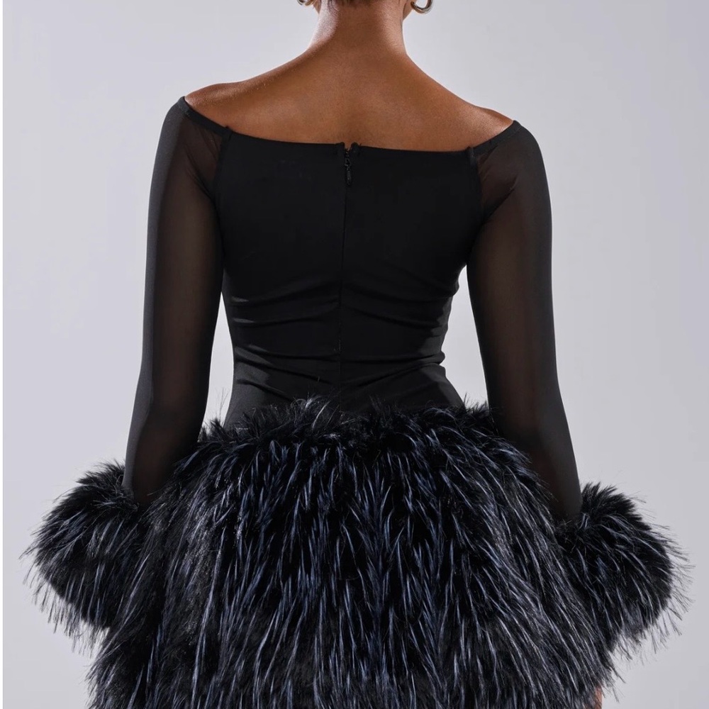 Black Off-Shoulder Long Sleeve Dress with Fur Hem - Picture 2 of 3